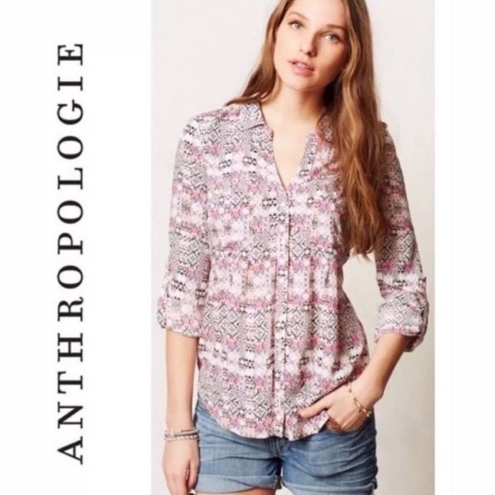 Anthro Maeve Boho Pink Pattern Button Down Blouse Small - Picture 6 of 7